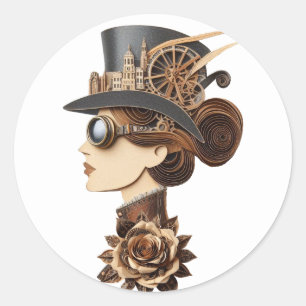 Steampunk hat womans face modern art classic round sticker