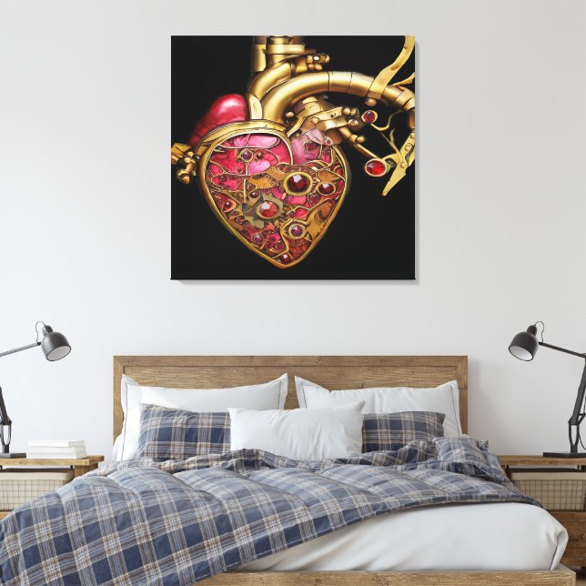 Steampunk Heart Anatomical Rubies and Gears Canvas Print (Insitu(Bedroom))
