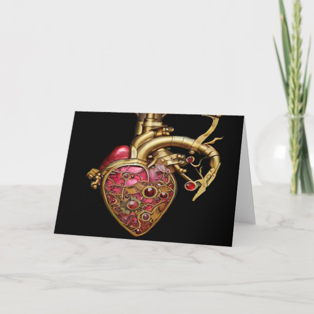 Steampunk Heart Anatomical Rubies and Gears Card (Front)