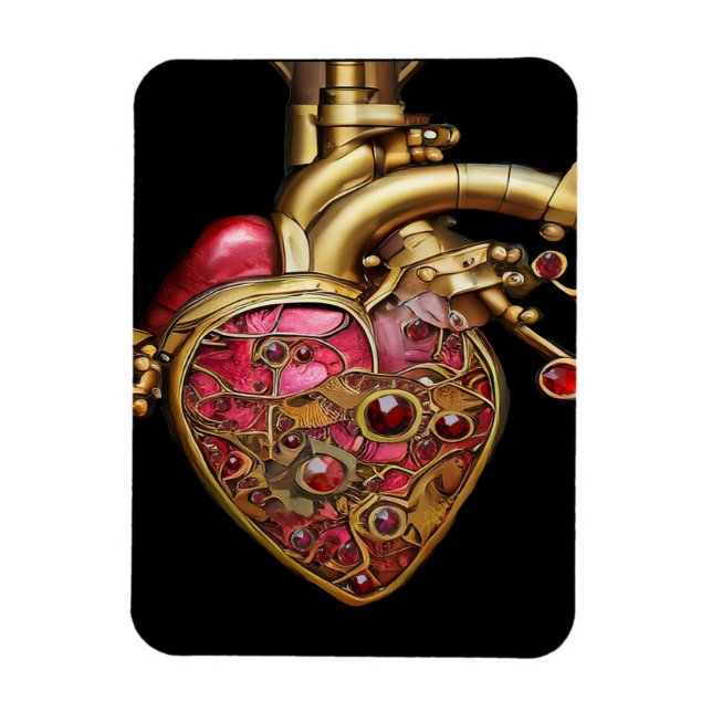 Steampunk Heart Anatomical Rubies and Gears Magnet (Vertical)