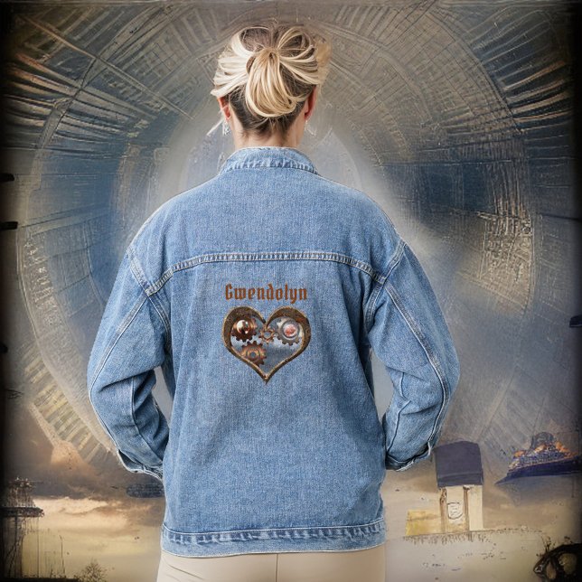 Steampunk Heart and Gears with Monogram Name Denim Jacket (Creator Uploaded)