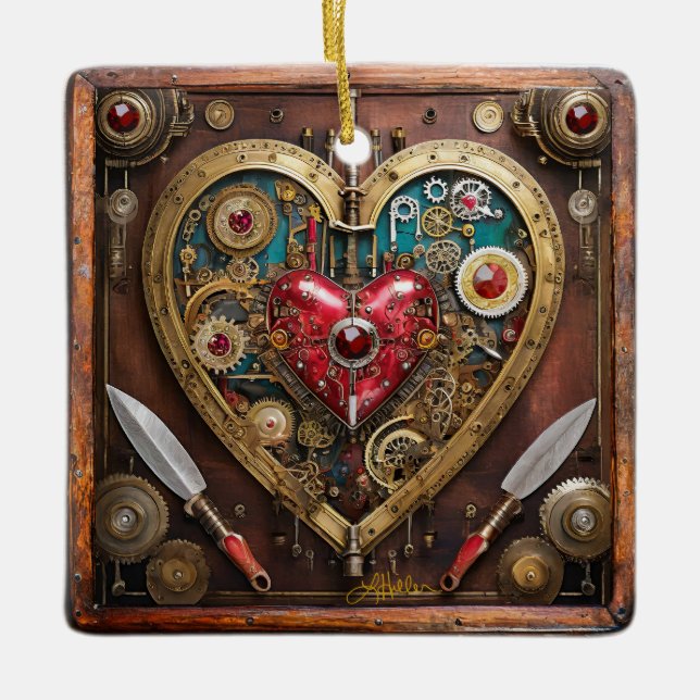 Steampunk Heart Rubies And Daggers For Warriors  Ceramic Ornament (Front)