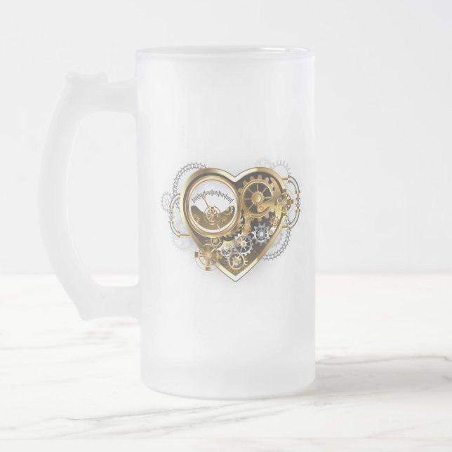 Steampunk Heart with a Manometer Frosted Glass Beer Mug (Left)