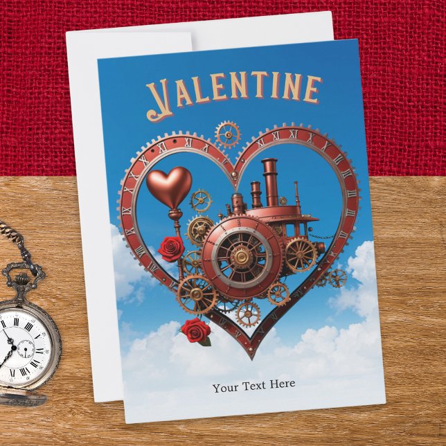 Steampunk Hearts Cogs Romantic Valentine's Day Holiday Card (A personalized Valentine's Day card with a Steampunk design, featuring cogs, roses and hearts)