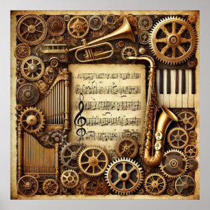 Steampunk Horns Gears Keyboard Sheet Music Poster