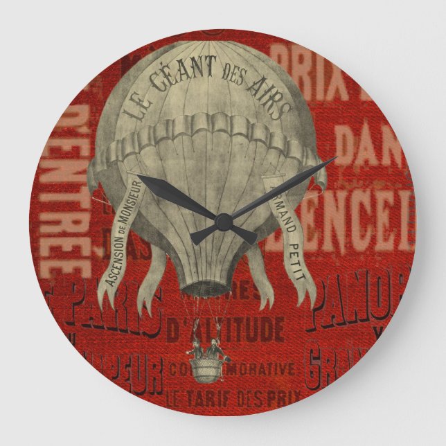 Steampunk Hot Air Ballon Ride Graphic Fonts in Red Large Clock (Front)