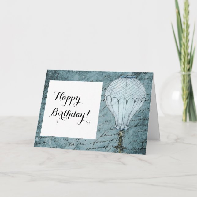 Steampunk Hot Air Balloon Dusk Blue Handwriting Card (Front)