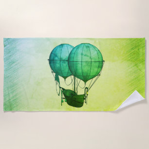 Steampunk Hot Air Balloons with Ship Green Beach Towel