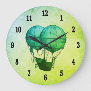 Steampunk Hot Air Balloons with Ship Green Large Clock