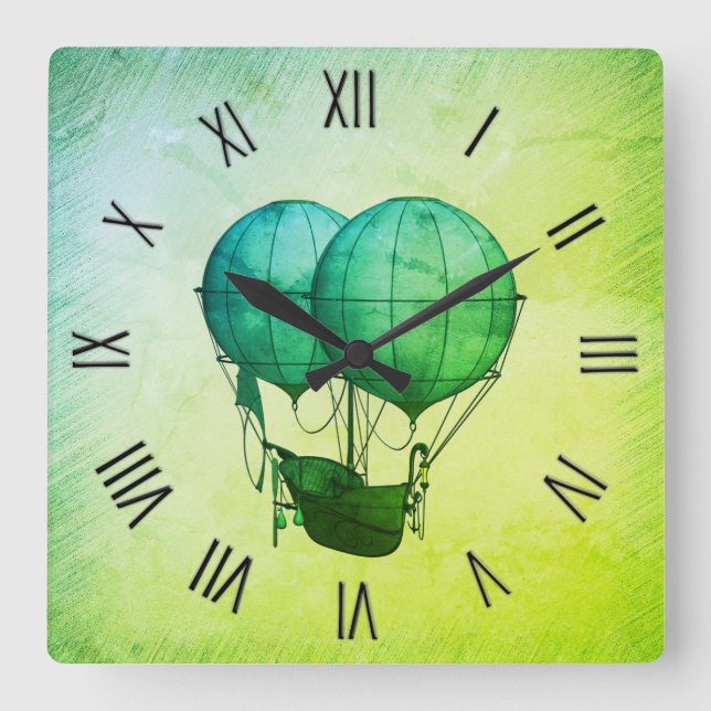 Steampunk Hot Air Balloons with Ship Green Square Wall Clock (Front)