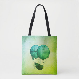 Steampunk Hot Air Balloons with Ship Green Tote Bag