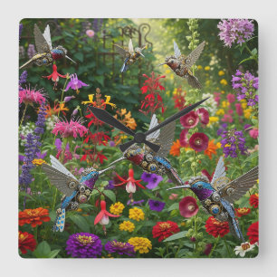 Steampunk Hummingbirds Square Wall Clock