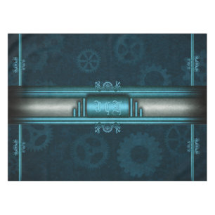 Steampunk, ice-blue on teal cogs, Monogram Tablecloth