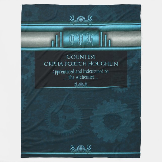 Steampunk, ice-blue on teal sprockets fleece blanket (Front)