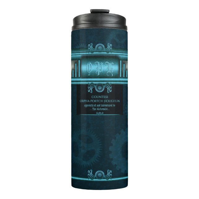 Steampunk, ice-blue on teal sprockets thermal tumbler (Front)