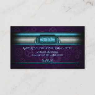Steampunk, ice blue, purple cogwheels, Monogram Business Card