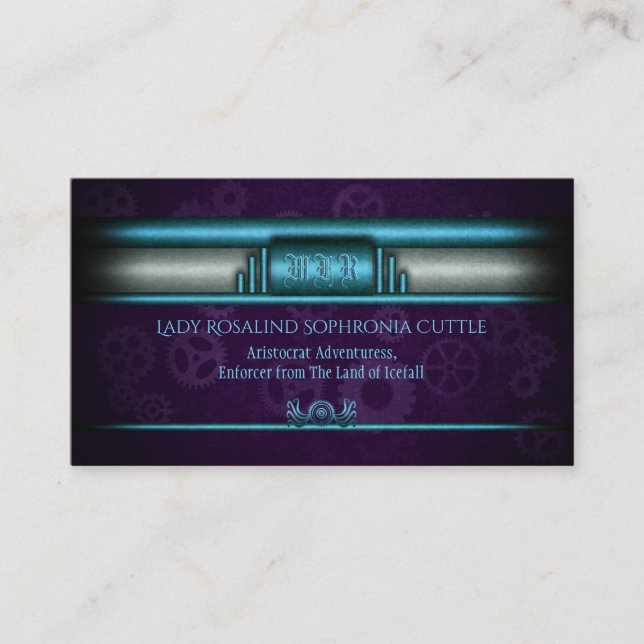 Steampunk, ice blue, purple cogwheels, Monogram Business Card (Front)