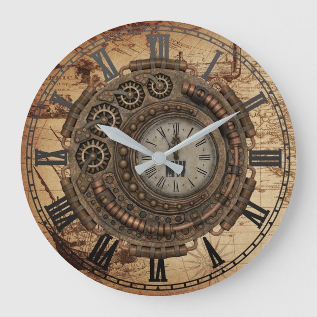 Steampunk Industrial Clock Machinery Vintage Map (Front)