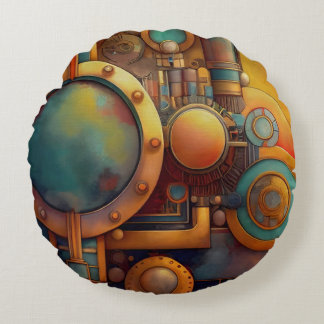 Steampunk Industrial Geometry Art Round Cushion
