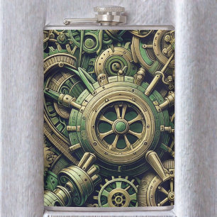 Steampunk Industrial Green Clockwork Gears Hip Flask
