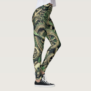 Steampunk Industrial Green Clockwork Gears Leggings