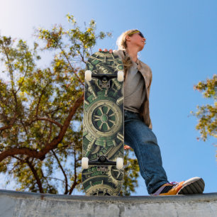 Steampunk Industrial Green Clockwork Gears Skateboard