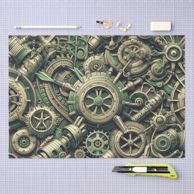 Steampunk Industrial Green Clockwork Gears Tissue Paper (Craft)