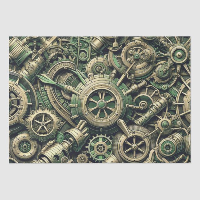 Steampunk Industrial Green Clockwork Gears Tissue Paper (Front)