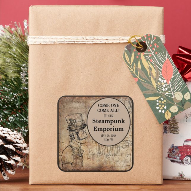 Steampunk Inventor Top Hat Personalised Event Square Sticker (Holiday)