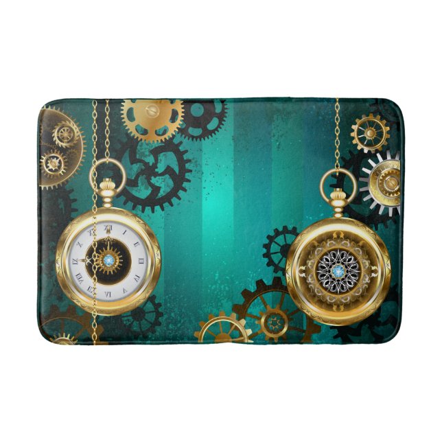 Steampunk Jewellery Watch on a Green Background Bath Mat (Front)