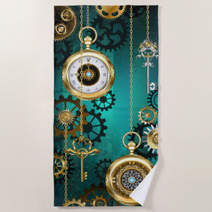 Steampunk Jewellery Watch on a Green Background Beach Towel