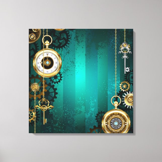 Steampunk Jewellery Watch on a Green Background Canvas Print (Front)
