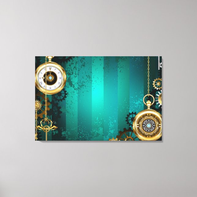 Steampunk Jewellery Watch on a Green Background Canvas Print (Front)