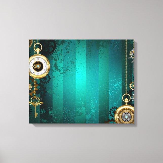 Steampunk Jewellery Watch on a Green Background Canvas Print (Front)