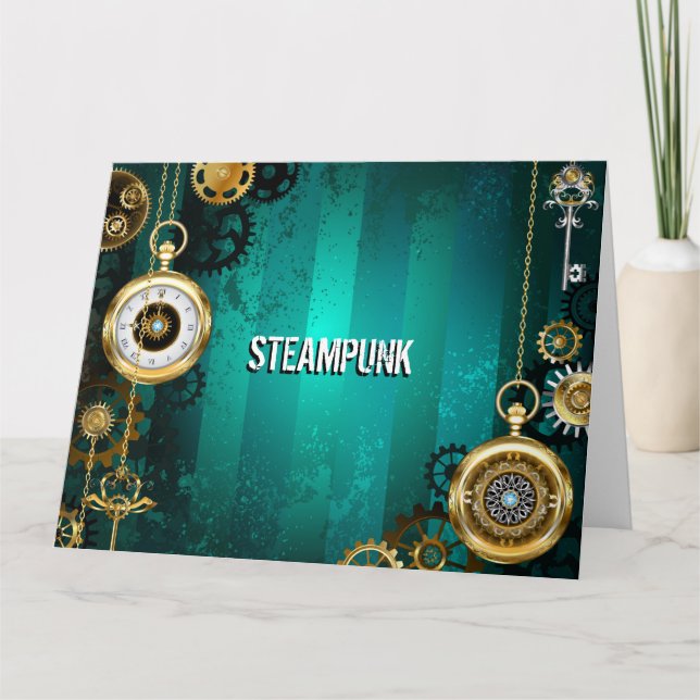 Steampunk Jewellery Watch on a Green Background Card (Front)