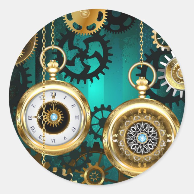 Steampunk Jewellery Watch on a Green Background Classic Round Sticker (Front)