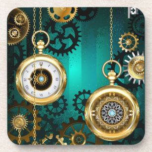 Steampunk Jewellery Watch on a Green Background Coaster