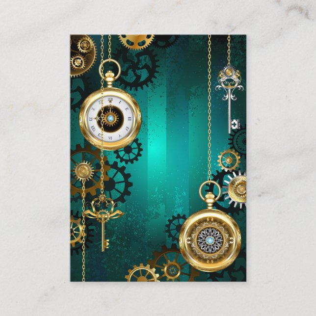 Steampunk Jewellery Watch on a Green Background Discount Card (Front)