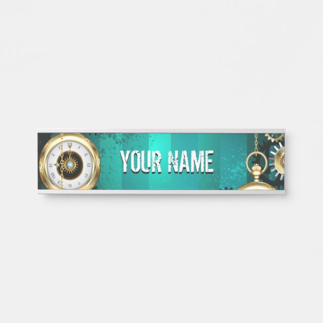 Steampunk Jewellery Watch on a Green Background Door Sign (Front)
