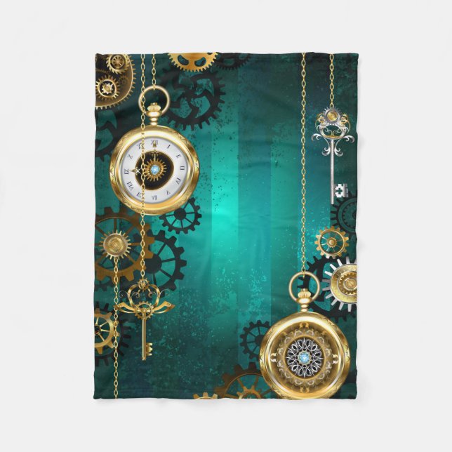 Steampunk Jewellery Watch on a Green Background Fleece Blanket (Front)