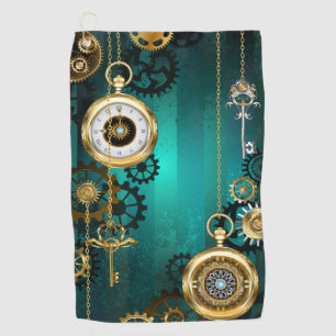Steampunk Jewellery Watch on a Green Background Golf Towel