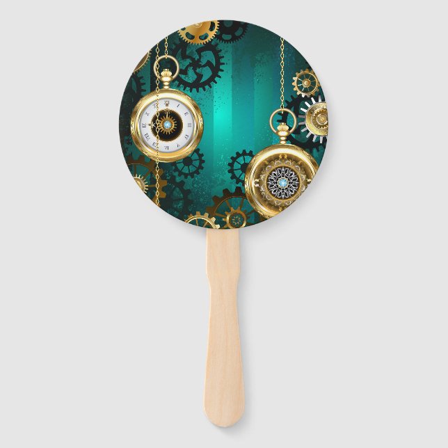 Steampunk Jewellery Watch on a Green Background Hand Fan (Front)