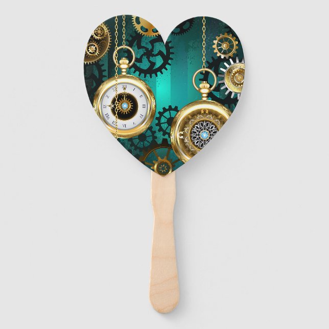 Steampunk Jewellery Watch on a Green Background Hand Fan (Front)