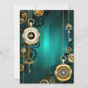 Steampunk Jewellery Watch on a Green Background Holiday Card