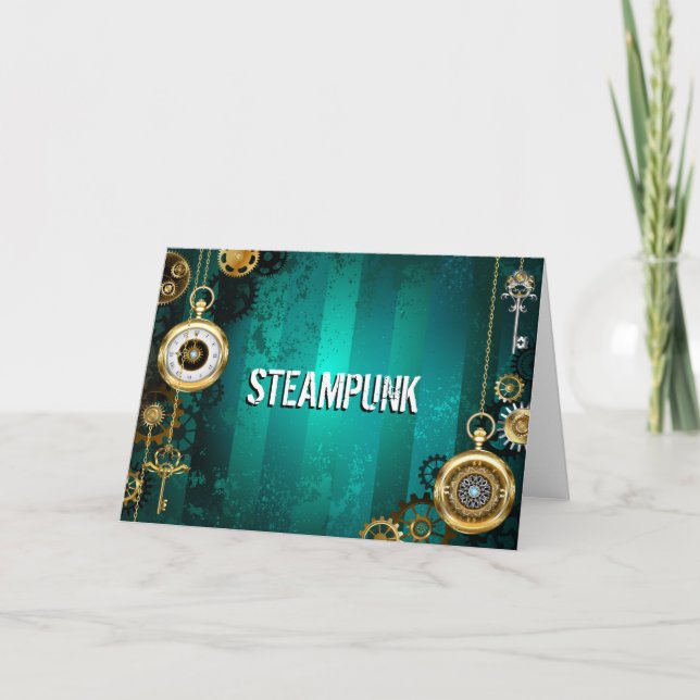 Steampunk Jewellery Watch on a Green Background Holiday Card (Front)