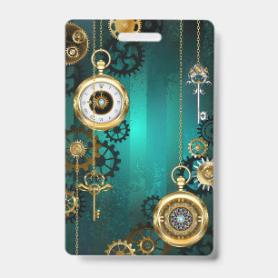Steampunk Jewellery Watch on a Green Background ID Badge