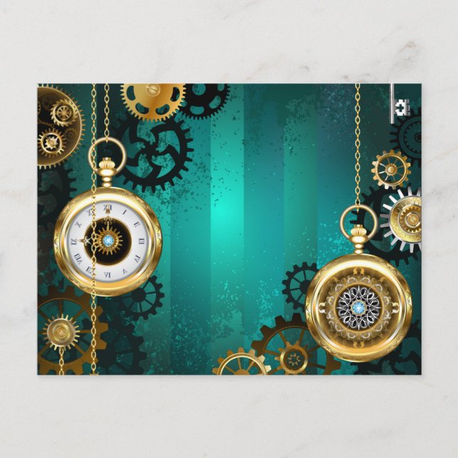 Steampunk Jewellery Watch on a Green Background Invitation Postcard (Front)