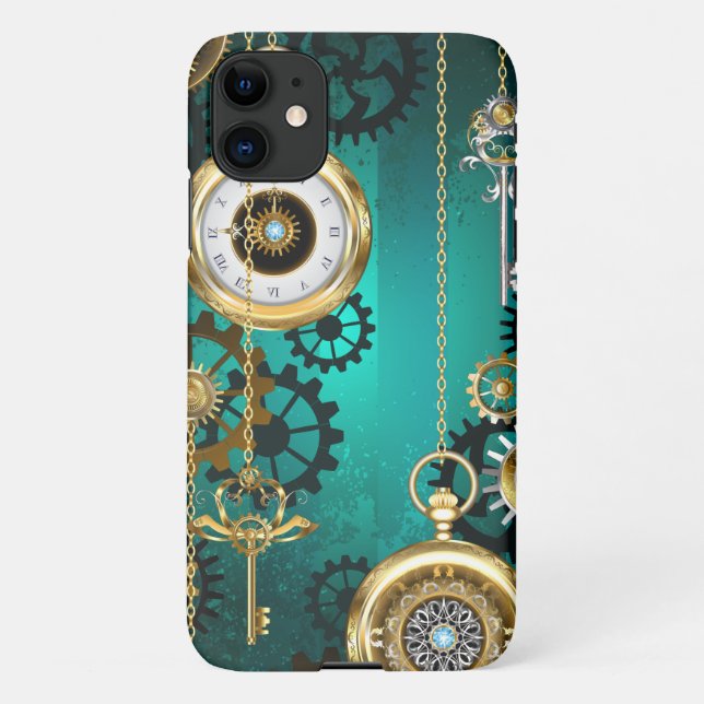 Steampunk Jewellery Watch on a Green Background iPhone Case (Back)