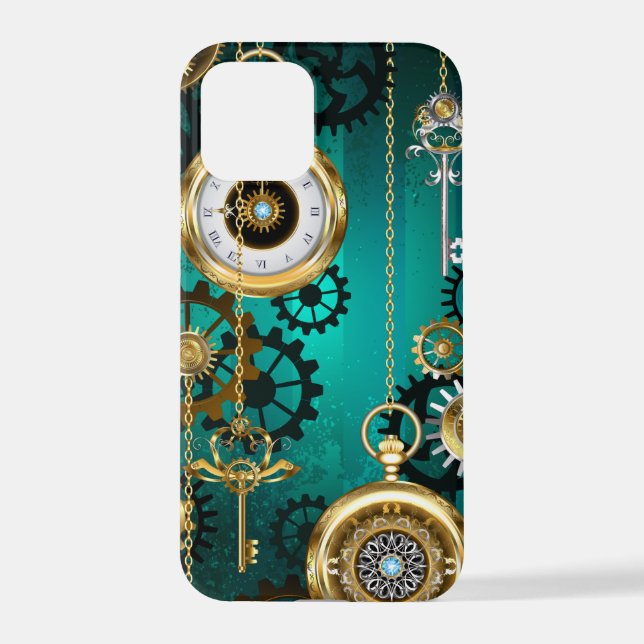 Steampunk Jewellery Watch on a Green Background iPhone Case (Back)