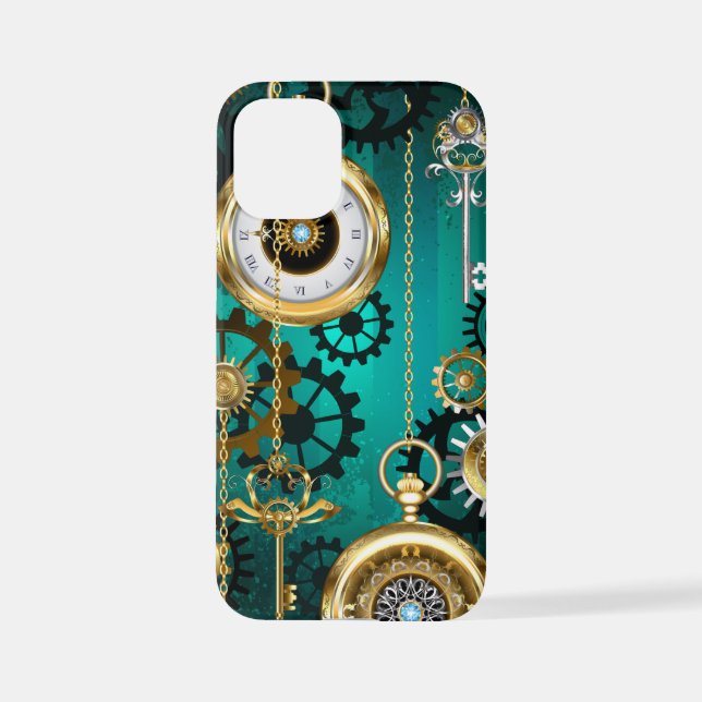 Steampunk Jewellery Watch on a Green Background iPhone Case (Back)